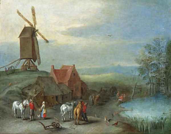 A landscape with a windmill and peasants and horses by a pool - view 1