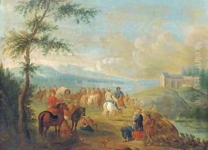 A landscape with travellers at halt by a river by Pieter Gysels