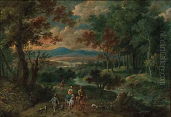 A wooded mountainous landscape with travellers on horseback with hunting dogs - view 1