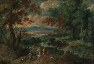 A wooded mountainous landscape with travellers on horseback with hunting dogs
