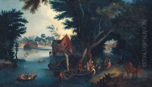 A wooded river landscape with figures boating by a village by Pieter Gysels