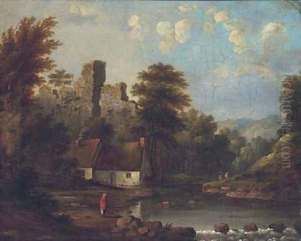 Figures by a riverside cottage, a castle ruin beyond - view 1