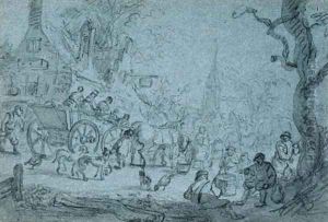 A horse-drawn cart with travellers in a village by Barent Gael