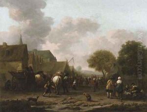 A village landscape with travellers on the street by a vegetable seller by Barent Gael