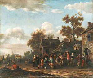 Peasants merrymaking in a village street by Barent Gael