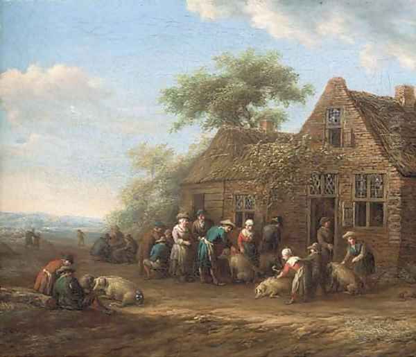 Peasants outside an inn preparing pigs for market - view 1