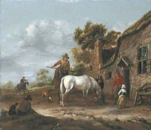 Travellers resting and watering their horses at a tavern by Barent Gael