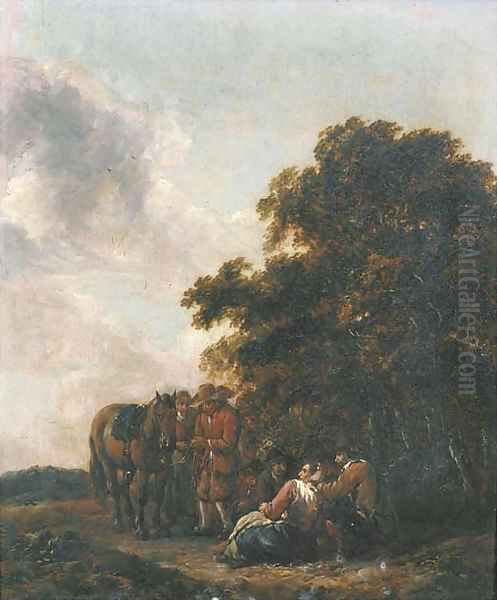 Travellers resting at the edge of a wood - view 1
