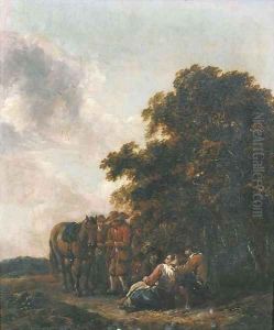 Travellers resting at the edge of a wood by Barent Gael
