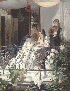 Elegant company on a balcony by Josef Gisela