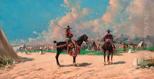 Spanish horsemen by an encampment - view 1