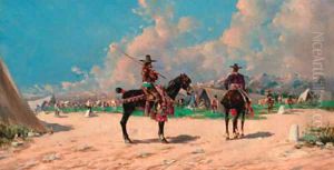 Spanish horsemen by an encampment by Baldomer Galofre Gimenez