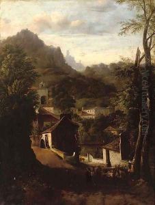 An Italianate hillside town at dusk