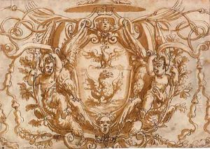 The arms of a Borghese Cardinal, in a cartouche flanked by putti by Oliviero Gatti