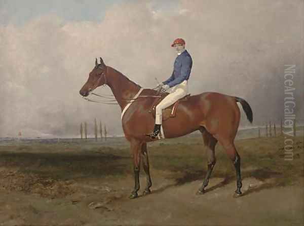 A bay steeple-chaser, with jockey up, the course beyond - view 1