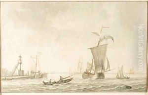 Shipping outside the harbour of Vlaardingen, Schiedam beyond by Gerrit Groenewegen