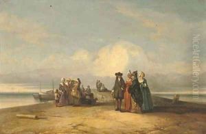 An elegant company at the seaside by Jacques Van Gingelen