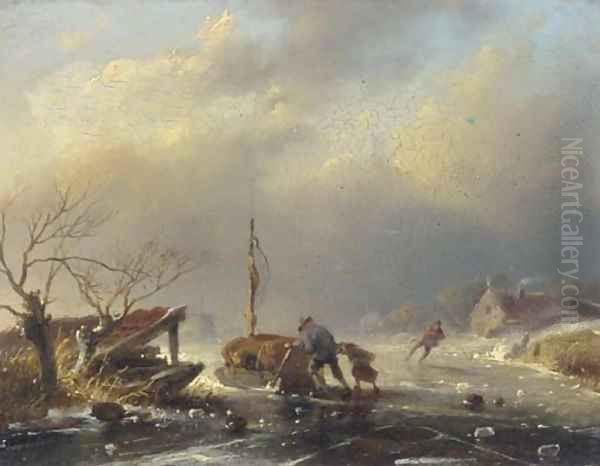 Peasants pushing a sledge on a frozen river - view 1