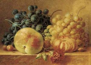 Grapes, a peach, a tomato, a carnation and nuts on a marble ledge by Maria Gertrude Goeje-Barbiers