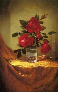 A Glass Of Roses On Gold Cloth by Martin Johnson Heade