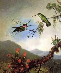 Amethyst Hummingbirds And Red Flowers by Martin Johnson Heade