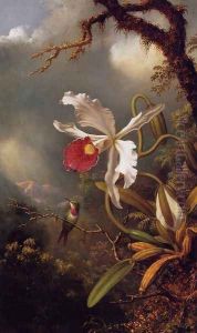 An Amethyst Hummingbird With A White Orchid by Martin Johnson Heade