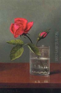 Red Rose And Bud In A Tumbler On A Shiny Table by Martin Johnson Heade