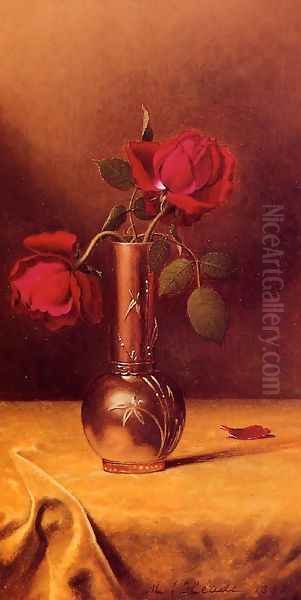 Two Red Roses In A Bronze Vase - view 1