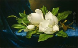 Giant Magnolias On A Blue Velvet Cloth