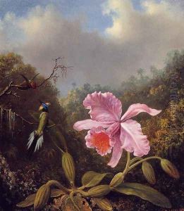 Fighting Hummingbirds With Pink Orchid by Martin Johnson Heade