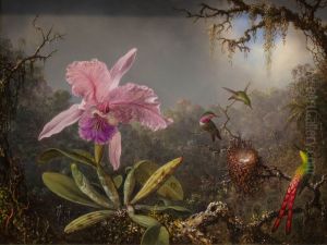 Cattelya Orchid and Three Brazilian Hummingbirds by Martin Johnson Heade