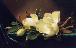 Two Magnolias And A Bud On Teal Velvet