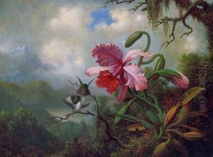 Orchid And Hummingbirds Near A Mountain Lake by Martin Johnson Heade