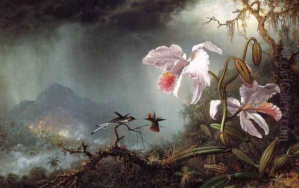 Two Fighting Hummingbirds With Two Orchids - view 1