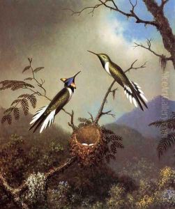 Hummingbirds At Their Nest Sun Gems by Martin Johnson Heade