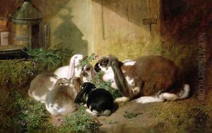 A lop-eared doe rabbit with her young by John Frederick Herring Snr