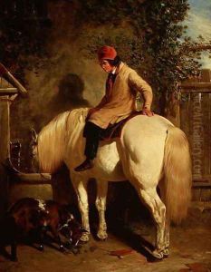 A Corner of a Farmyard with a Boy Sitting on a Grey Horse and a Goat eating nearby by John Frederick Herring Snr