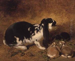 A Doe Rabbit and her three young, 1851 by John Frederick Herring Snr