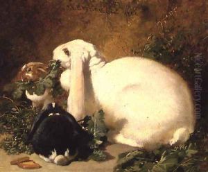 A Doe Rabbit and her two young, 1852 by John Frederick Herring Snr