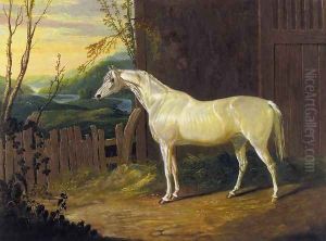 A Gray Arab Mare outside a Stable in an Extensive River Landscape by John Frederick Herring Snr