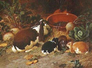 Fancy Rabbits, a Doe with her Young, 1863 by John Frederick Herring Snr