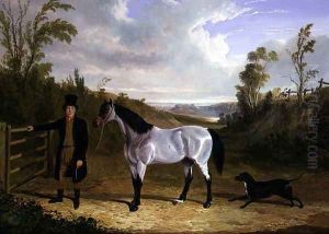 Benjamin Smith's Groom Leslie, with favourite hunter 'Avondale' in a landscape by John Frederick Herring Snr