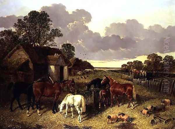 Horses, Pigs, Poultry, Duck and Cattle in a Farmyard - view 1