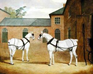 Mr. Sowerby's Grey Carriage Horses in his Coachyard at Putteridge Bury, Hertfordshire, 1836 by John Frederick Herring Snr