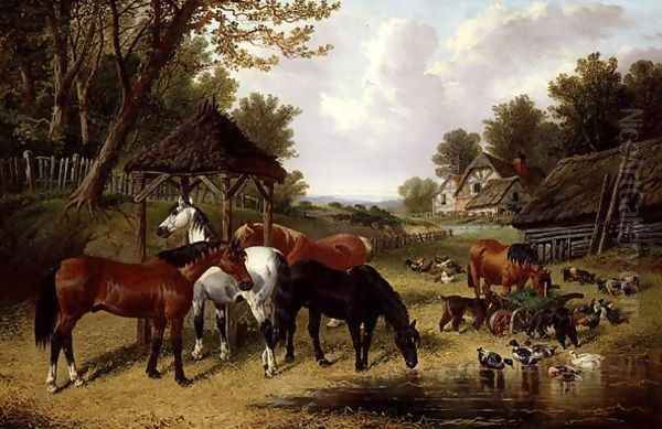 Horses by a Farmyard pond - view 1