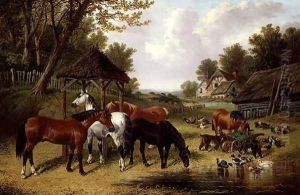 Horses by a Farmyard pond by John Frederick Herring Snr