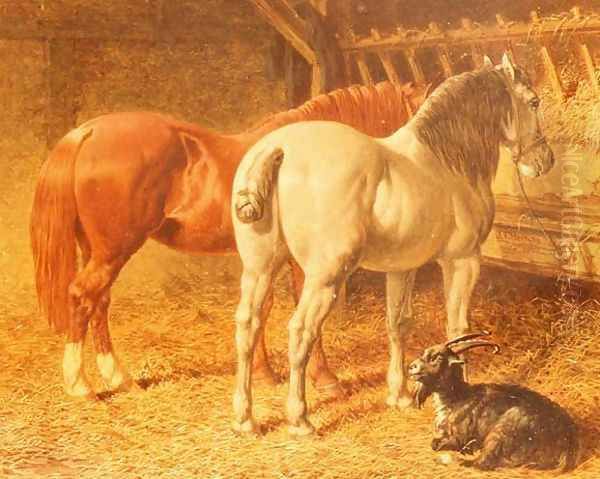 Horses and a goat in a stable - view 1