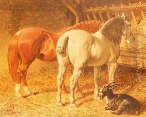 Horses and a goat in a stable by John Frederick Herring Snr