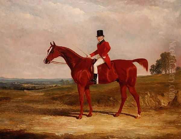 Sir Hugh Hamilton Mortimer, Master of the Old Surrey Foxhounds, on a chestnut hunter in an extensive landscape - view 1
