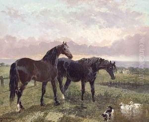 Two horses grazing at sunset by John Frederick Herring Snr